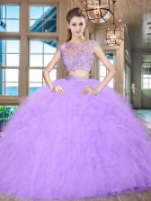 Charming Scoop Cap Sleeves Floor Length Beading and Appliques and Ruffles Zipper Ball Gown Prom Dress with Lavender