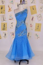 Deluxe Mermaid Blue Prom Dresses Prom and Party with Beading One Shoulder Sleeveless Zipper