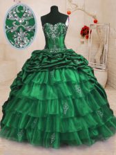 Artistic With Train Dark Green Ball Gown Prom Dress Organza and Taffeta Sweep Train Sleeveless Beading and Appliques and Ruffled Layers and Pick Ups