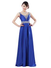 Modern Beading Prom Evening Gown Royal Blue Zipper Sleeveless Floor Length