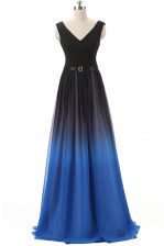  Blue And Black Sleeveless Beading Lace Up Dress for Prom