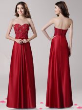  Wine Red Elastic Woven Satin Zipper Sweetheart Sleeveless Floor Length Beading and Appliques and Bowknot