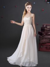 Unique White Empire Chiffon Sweetheart Sleeveless Lace and Appliques Floor Length Zipper Dama Dress for Quinceanera