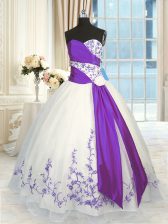 Stunning Floor Length White And Purple Quince Ball Gowns Organza Sleeveless Embroidery and Sashes ribbons