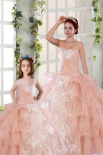 Flare Peach Lace Up Quince Ball Gowns Beading and Ruffled Layers and Ruching Sleeveless Floor Length