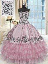 Hot Sale Sleeveless Floor Length Beading and Embroidery and Ruffled Layers Lace Up Quinceanera Gowns with Pink
