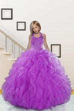 Low Price Halter Top Sleeveless Lace Up Floor Length Beading and Ruffles Teens Party Dress