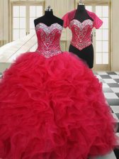 Simple Organza Sweetheart Sleeveless Lace Up Beading Sweet 16 Dresses in Red