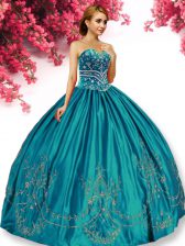 Fashionable Turquoise Ball Gown Prom Dress Military Ball and Sweet 16 and Quinceanera with Embroidery Sweetheart Sleeveless Lace Up