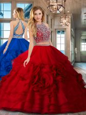 Spectacular Red Organza Backless Scoop Sleeveless Floor Length Sweet 16 Dress Beading and Ruffles