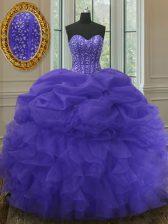  Purple Ball Gowns Organza Sweetheart Sleeveless Beading and Ruffles and Pick Ups Floor Length Lace Up Ball Gown Prom Dress
