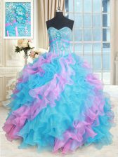 High Class Sleeveless Organza Floor Length Lace Up Sweet 16 Dresses in Multi-color with Beading and Appliques and Ruffles