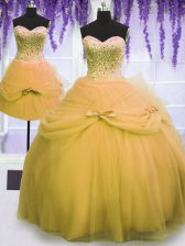 Ideal Three Piece Ball Gowns Sweet 16 Quinceanera Dress Gold Sweetheart Tulle Sleeveless Floor Length Lace Up