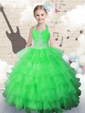  Halter Top Sleeveless Organza Floor Length Lace Up Kids Formal Wear in Green with Beading and Ruffled Layers