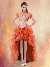  Straps Orange Red Organza Lace Up Dress for Prom Sleeveless High Low Beading and Ruffles