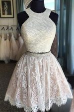  White A-line Lace Halter Top Sleeveless Beading and Lace Knee Length Zipper Prom Evening Gown