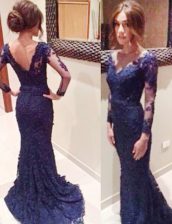  Mermaid Navy Blue Backless V-neck Lace Prom Dress Lace Long Sleeves Court Train