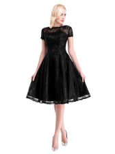 Exquisite Black A-line Lace Dress for Prom Zipper Lace Short Sleeves Knee Length