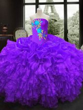  Ball Gowns Quinceanera Dresses Purple Strapless Organza Sleeveless Floor Length Lace Up
