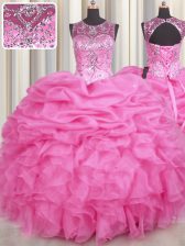  See Through Rose Pink Scoop Neckline Beading and Ruffles and Pick Ups Sweet 16 Dresses Sleeveless Lace Up