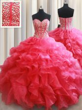 Luxurious Sleeveless Floor Length Beading and Ruffles Lace Up 15 Quinceanera Dress with Coral Red