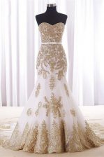  White Mermaid Lace and Appliques and Embroidery Homecoming Dress Lace Up Organza Sleeveless With Train