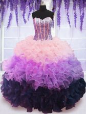 Deluxe Beading and Ruffles and Ruffled Layers 15 Quinceanera Dress Multi-color Lace Up Sleeveless Floor Length