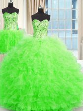  Three Piece Ball Gowns Tulle Strapless Sleeveless Beading and Ruffles Floor Length Lace Up Ball Gown Prom Dress
