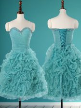  Turquoise A-line Beading and Ruffles Prom Dress Lace Up Organza Sleeveless Mini Length