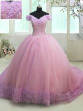 High Quality Off the Shoulder With Train Ball Gowns Cap Sleeves Lilac Ball Gown Prom Dress Court Train Lace Up