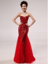  Mermaid Red Sleeveless Sequins Floor Length Evening Dress