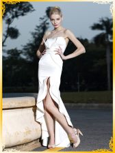  Mermaid White Satin Zipper Sweetheart Sleeveless High Low Prom Party Dress Lace