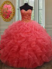 Best Selling Coral Red Lace Up Sweetheart Beading and Ruffles Quinceanera Dresses Organza Sleeveless