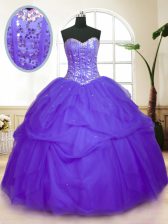 Lovely Sleeveless Tulle Floor Length Lace Up Quinceanera Gowns in Purple with Sequins and Pick Ups