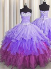 Glorious Floor Length Lace Up Vestidos de Quinceanera Multi-color for Military Ball and Sweet 16 and Quinceanera with Beading and Ruffles and Ruffled Layers and Sequins