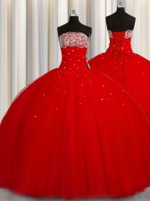 Puffy Skirt Organza Strapless Sleeveless Lace Up Beading and Sequins Quince Ball Gowns in Red