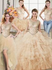  Four Piece Champagne Tulle Lace Up Scoop Sleeveless Floor Length Sweet 16 Dress Beading and Ruffles