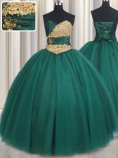  Peacock Green Sleeveless Floor Length Beading and Appliques Lace Up 15th Birthday Dress