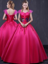  Satin Cap Sleeves Floor Length Sweet 16 Dresses and Appliques
