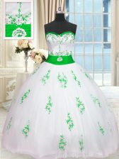 Stunning White Sweetheart Lace Up Appliques and Belt Quinceanera Gown Sleeveless