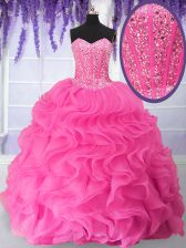 Glorious Hot Pink Lace Up 15th Birthday Dress Beading and Ruffles Sleeveless Floor Length