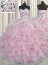  Bling-bling Beading and Ruffles 15 Quinceanera Dress Pink Lace Up Sleeveless Floor Length