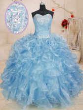 Popular Sleeveless Floor Length Beading and Ruffles Lace Up Quinceanera Gown with Blue