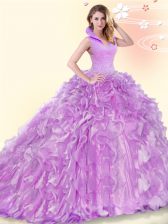Elegant Backless Lilac Sleeveless Brush Train Beading and Ruffles Quinceanera Dress