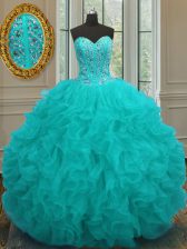 Noble Aqua Blue Lace Up Sweetheart Beading and Ruffles Quinceanera Dresses Organza Sleeveless