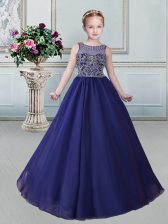  Scoop Royal Blue Sleeveless Floor Length Beading Lace Up Little Girls Pageant Gowns