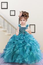  Turquoise Ball Gowns Organza Straps Sleeveless Beading and Ruffles Floor Length Lace Up Little Girls Pageant Gowns