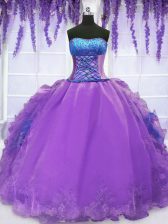  Purple Organza Lace Up Strapless Sleeveless Floor Length 15th Birthday Dress Embroidery and Ruffles
