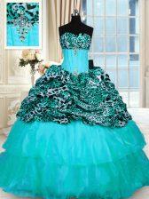 Elegant Ruffled Aqua Blue Sleeveless Organza and Printed Sweep Train Lace Up 15th Birthday Dress for Military Ball and Sweet 16 and Quinceanera
