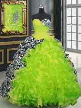  Yellow Green Organza and Printed Lace Up 15th Birthday Dress Sleeveless With Brush Train Beading and Ruffles and Pattern